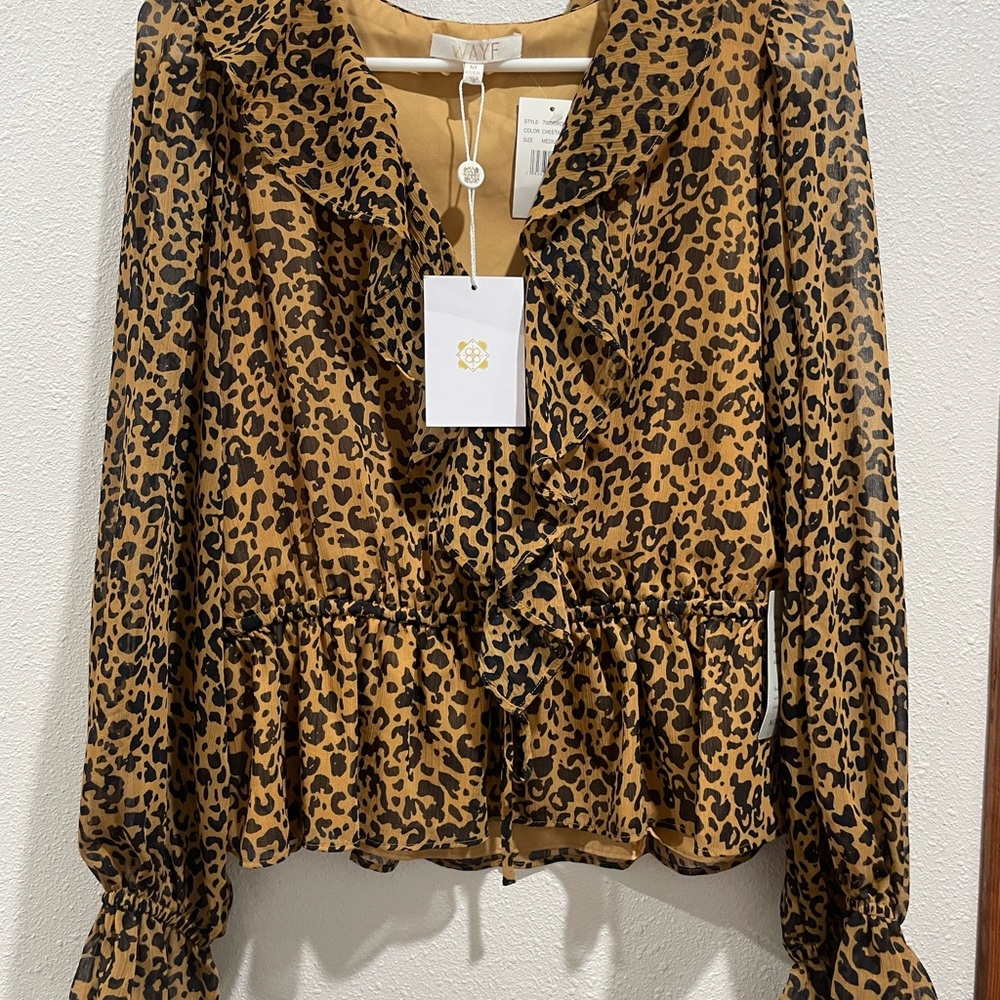 Wayf Leopard Ruffle Peplum Blouse - Brown/Black
